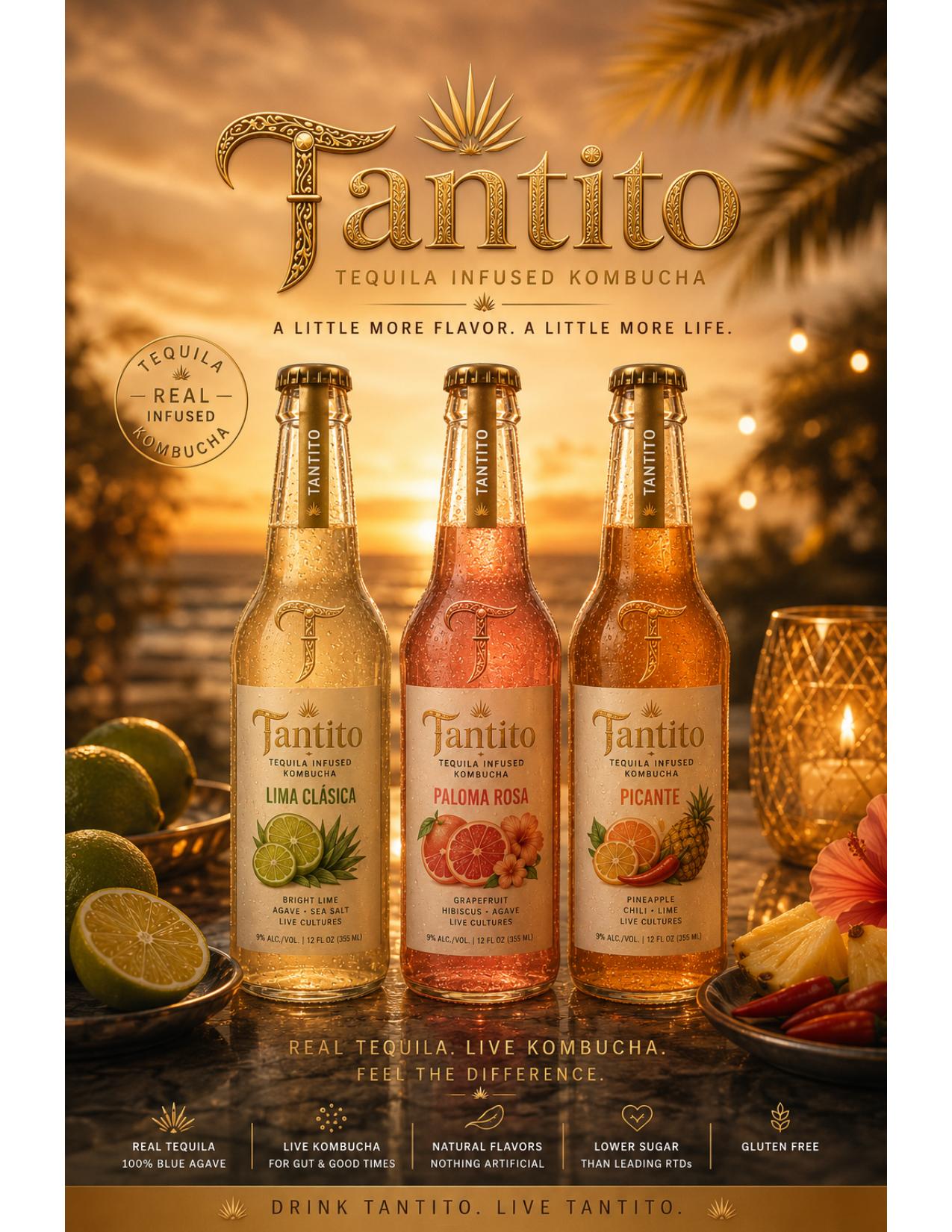 Tantito Tequila Infused Kombucha — Lima Clásica, Paloma Rosa, Picante